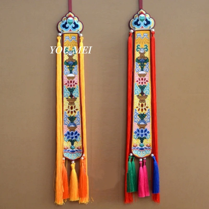 1Pcs Tibetan-Style Flags,Embroidered Five Wonders and Two Desires Pattern Hanging Banner,Temple and Chapel Altar Prayer Flag