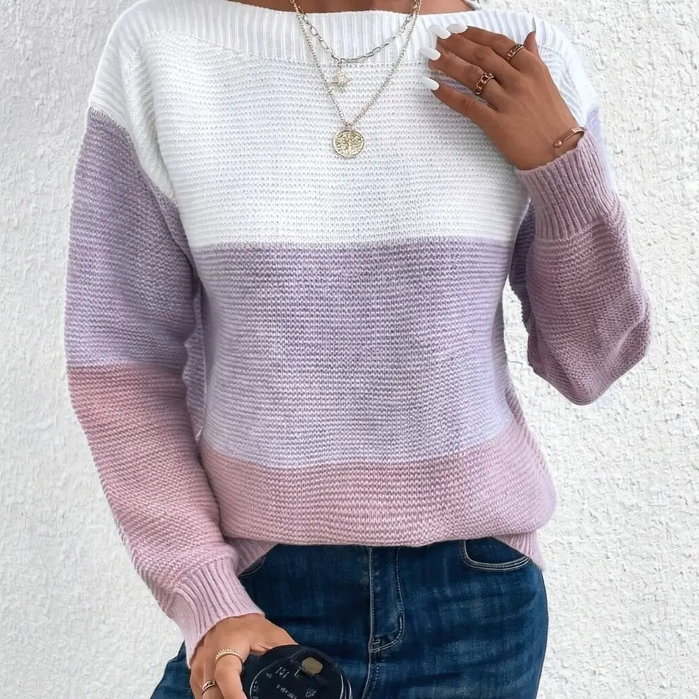 Knitted Pullover Sweater Women Autumn Winter Loose Long Sleeve Crew Neck Colorblock Soft Casual Fashion Daily Apparel