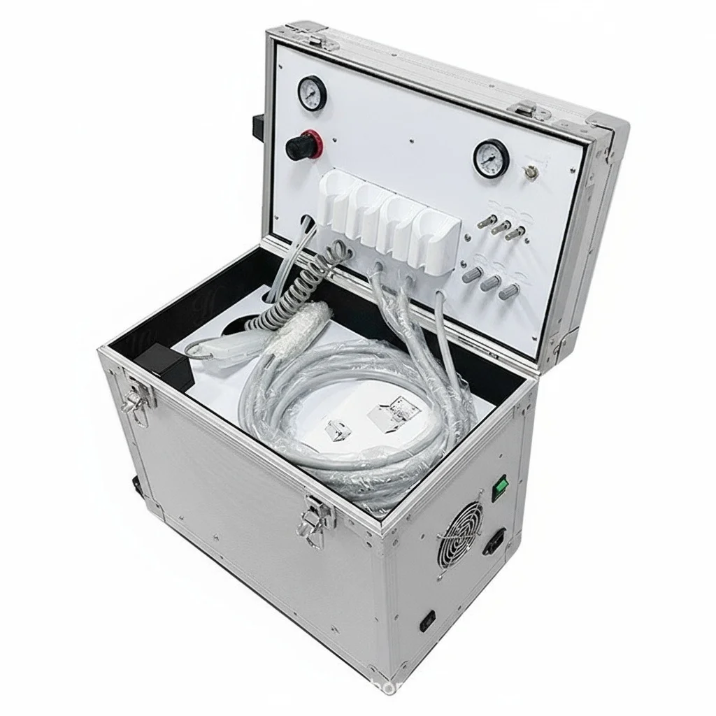 وحدة توربينات الأسنان المحمولة مع ضاغط الهواء - مجموعة تلميع طب الأسنان لمستحضرات التجميل للقشرة وتبييض الأسنان