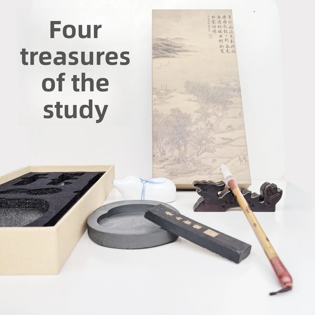 Professional Calligraphy Gift Set with Presentation Box, Wolf Hair Brush, Ink Stick, Ceramic Ink Drop, Inkstone, Practice