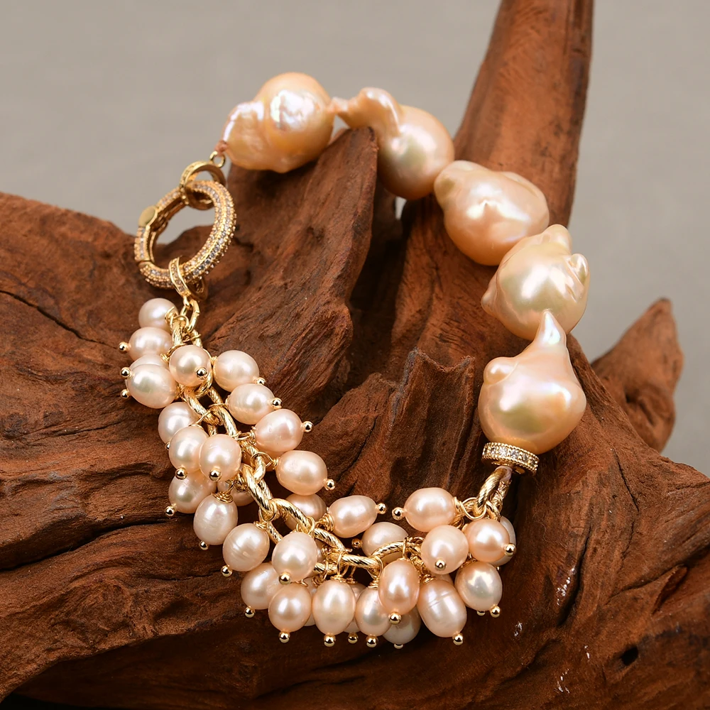 

G-G Cultured Pink Color Rice Pearl Baroque Keshi Pearl Chain Bracelet Handmade Gifts For Women