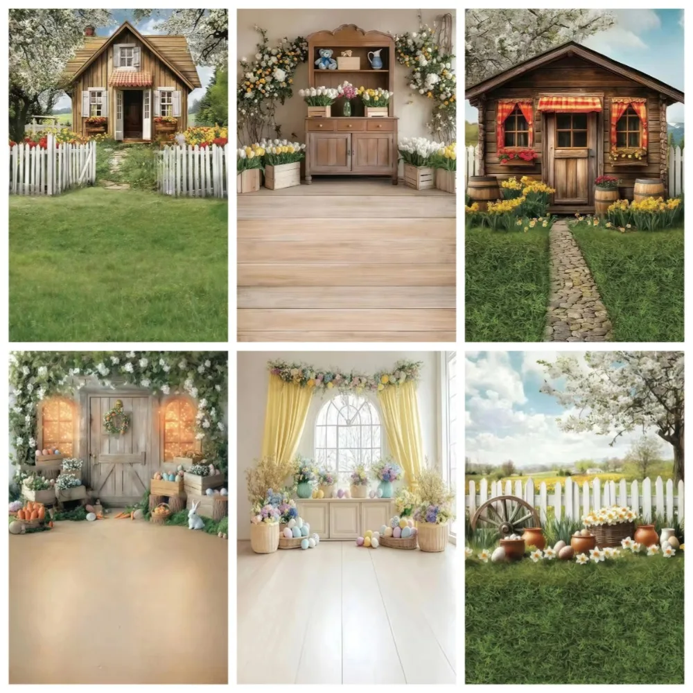 

Spring Easter Forest Park House Window Rabbit Indoor Photography Background, Children's Portrait Photography Studio Background