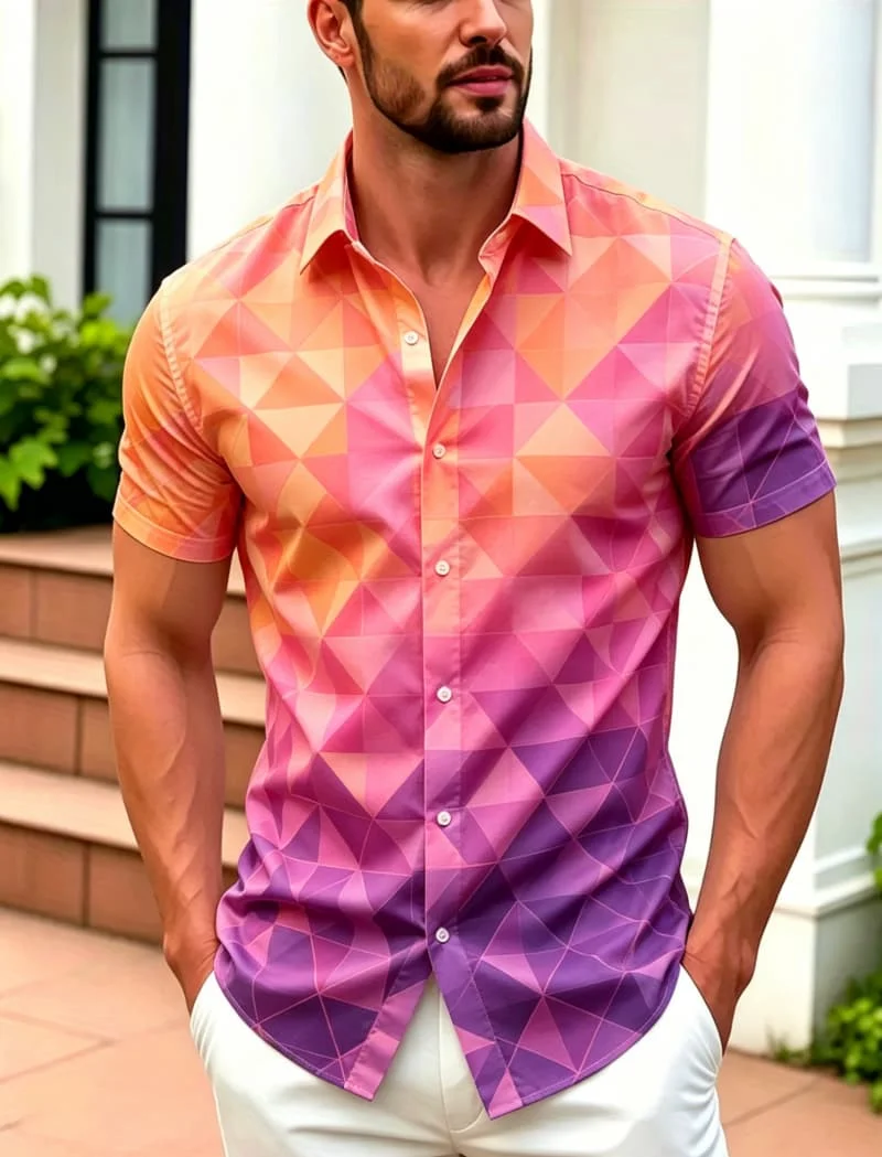 Men's Gradient Geometric Triangle Printed Short Sleeved shirt, For Summer wear, Casual activities, And Versatile Modern Style