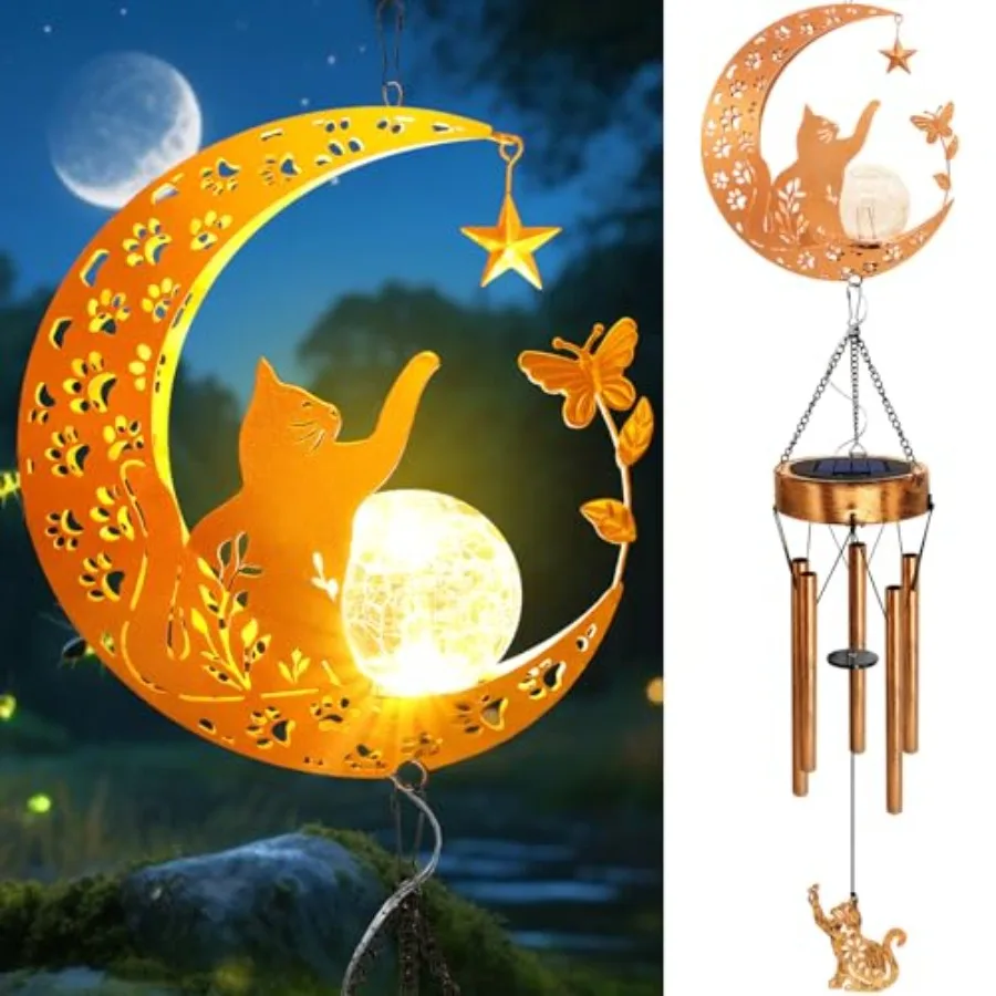 

Solar Wind Chimes, Cat Lover Gifts for Mom Women Men Birthday Mothers Day, Hanging Outdoor Decor Cracked Glass Ball Memorial La