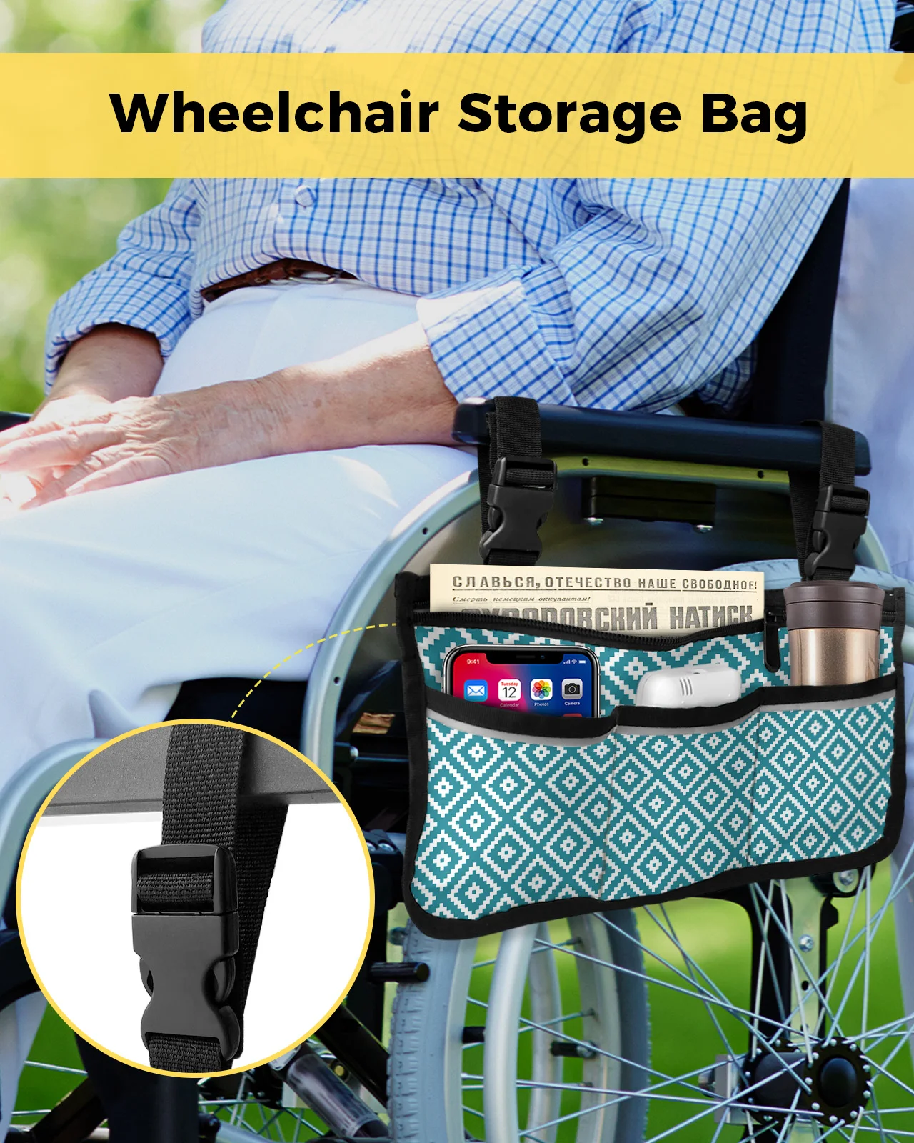 Geometric Square Texture Blue Wheelchair Bag With Pockets Armrest Side Bags Electric Scooter Walking Frame Storage Pouch