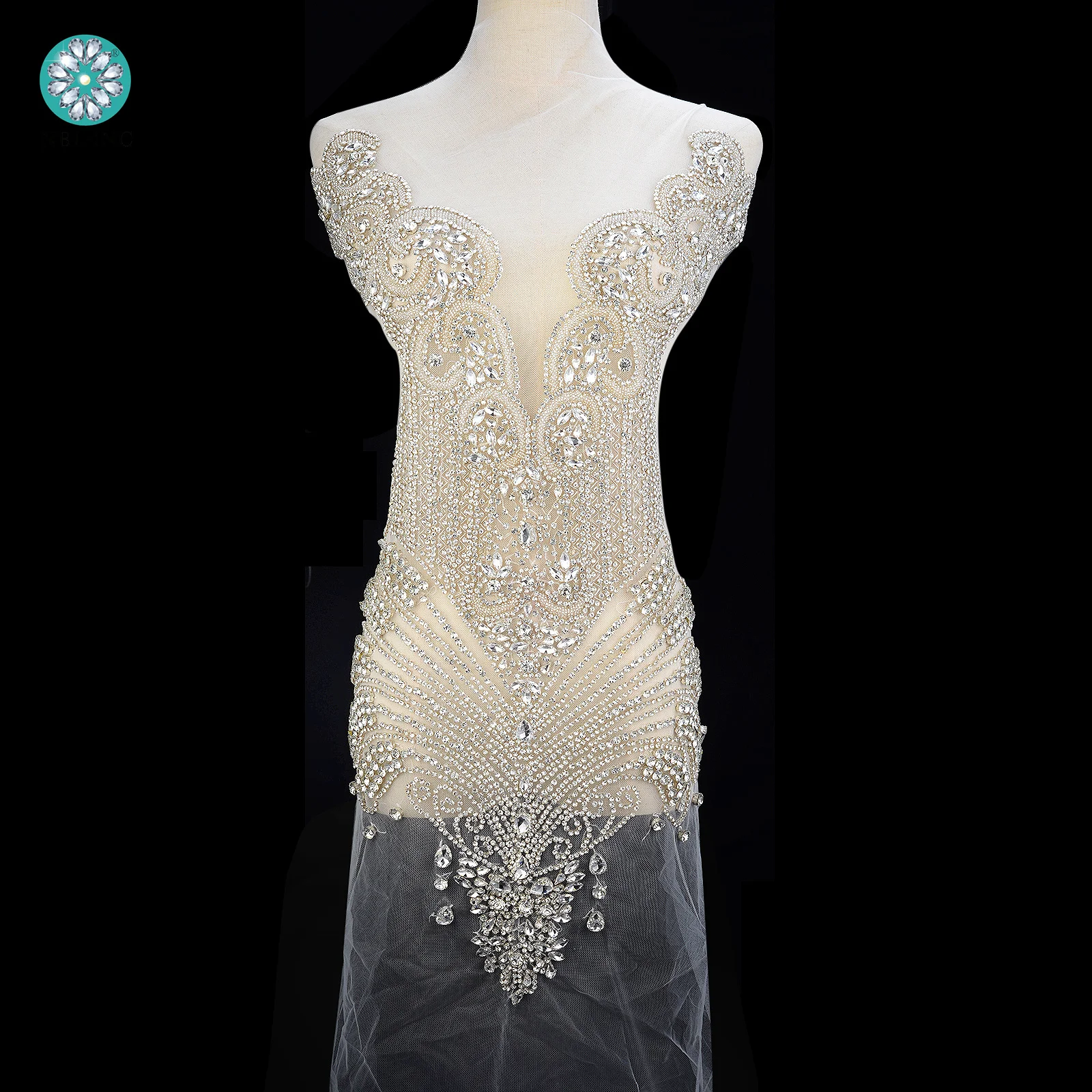 (1PC) Luxury black crystal rhinestone bodice applique patch hand sewn for wedding prom evening dress WDD1405