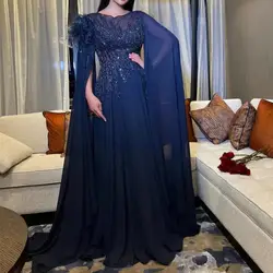 Customized Navy Blue Evening Dresses O-Neck Beaded Feather A Line Chiffon Women Formal Occasion Dress With Puffy Sleeve Prom