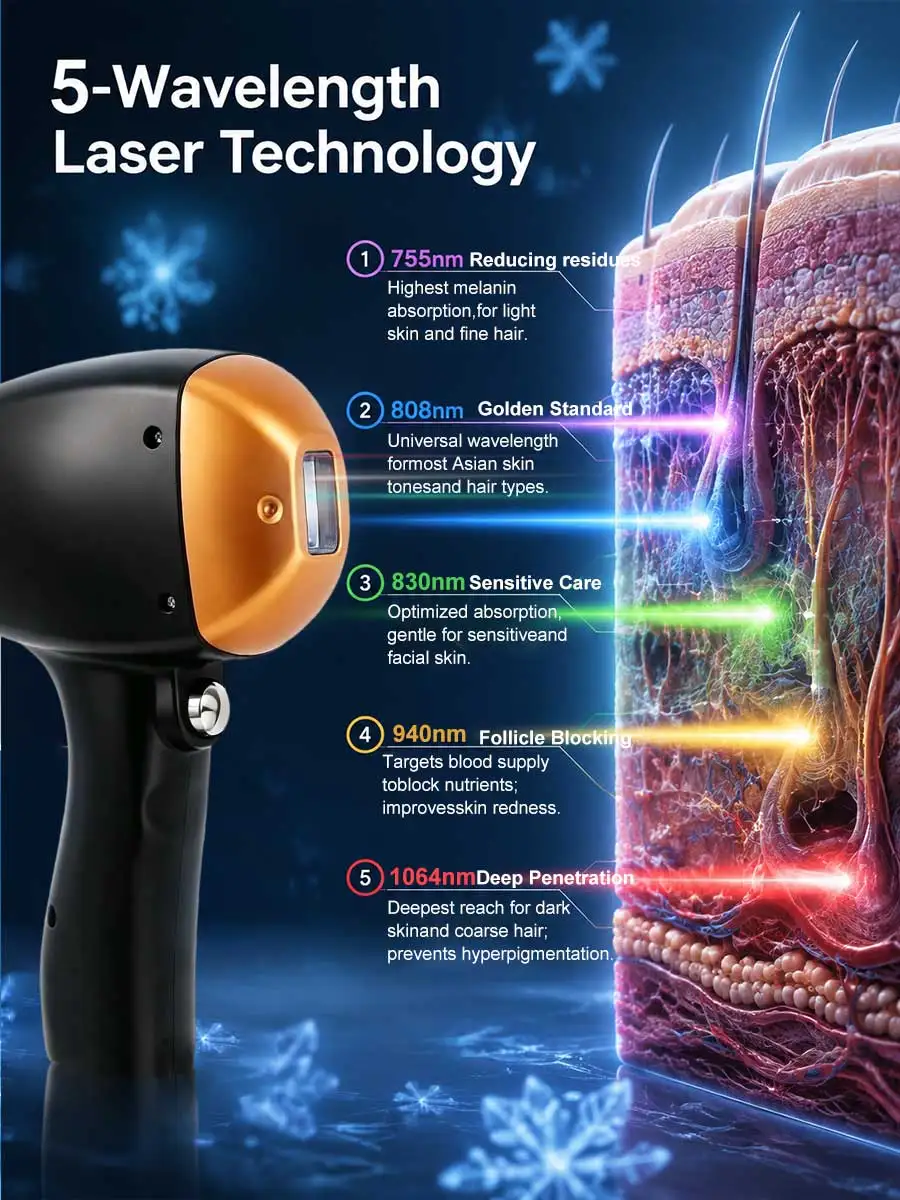 5 Wavelength Diode Laser Hair Removal Machine FAC Technology Genuine Sapphire Ice Cooling Painless Permanent Hair Remover Salon
