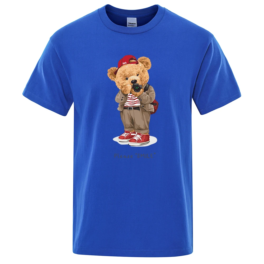 Fashion Ted Bear Taking Your Photo Print T-Shirt For Men Loose Oversize Clothing Crewneck Breathable Cotton Short Sleeve Male