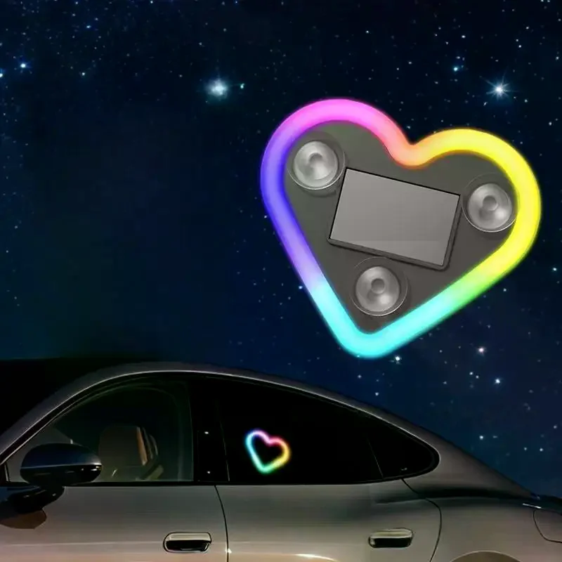 1 Set Car Window Suction Cup Led Atmosphere Light Heart Shaped Car Ambient Light 500mAh Solar/USB-C Rechargeable Neon Lamp
