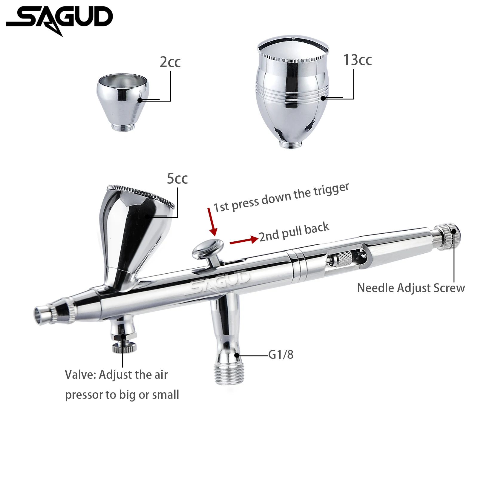 SAGUD Dual-Action Airbrush Kit 0.3mm Air Brush with 2/5/13CC Spray Cup and Wrench Dropper Tool for Cake Tattoo Nail Painting