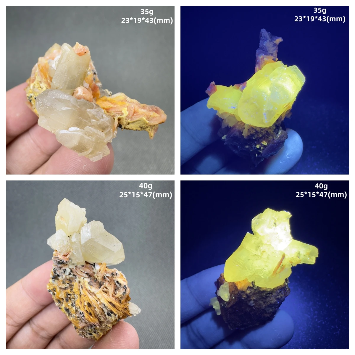 Natural Morocco Yellow fluorescence cerusite / cerussite / lead spar and Barite symbiosis mineral specimens