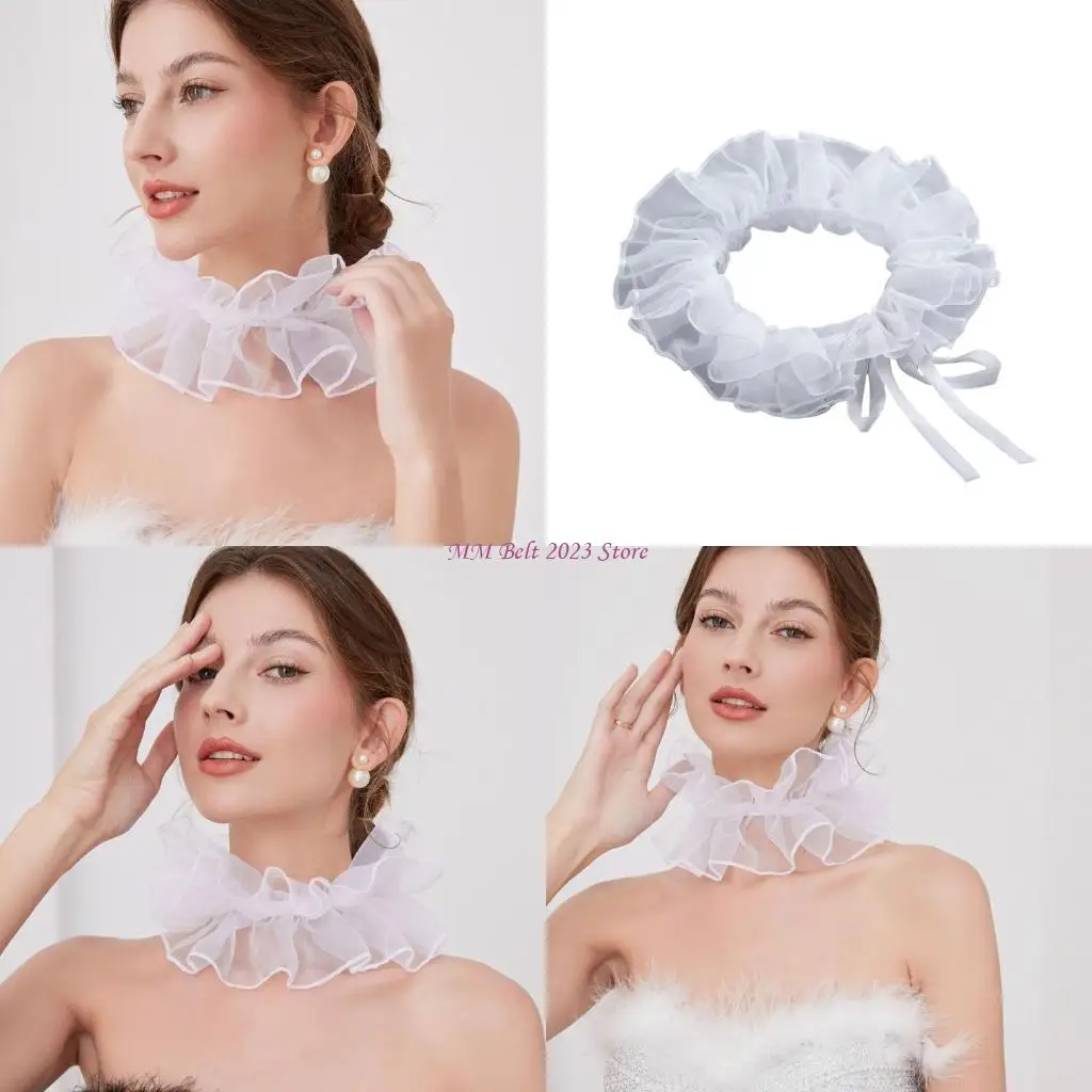 

49ME Women Elegant Mesh Gauze Ruffled False Collar Ribbon Tie Choker Small Neck Ruff