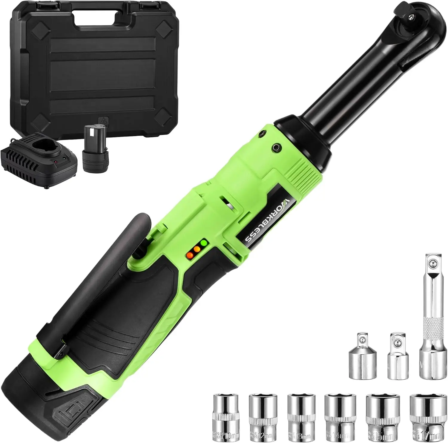 

12V Cordless Ratchet Wrench Set, 42.5 FT-LBS Torque, Variable Speed, 6 Sockets & Adapters, LED Light, 2.0Ah Battery