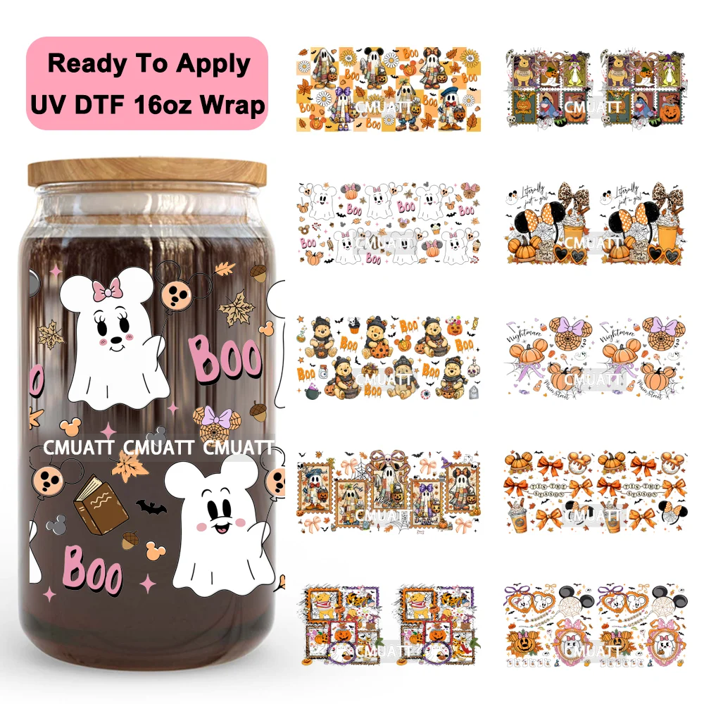 

Cartoon Mouse And Friends Halloween Spooky Boo UV DTF Cup Wrap Ready To Apply Transfer Stickers Custom Logo For Libbey Glass Can