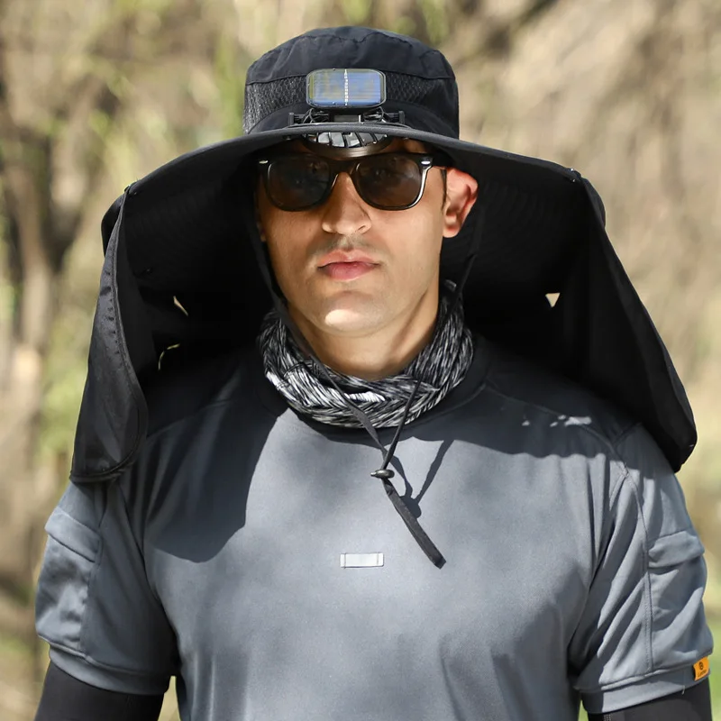 Men's Summer Outdoor Wide Brim Fishing Hat Sun UV Protection with Neck Shawl Solar & Rechargeable Fan Hat 4f036