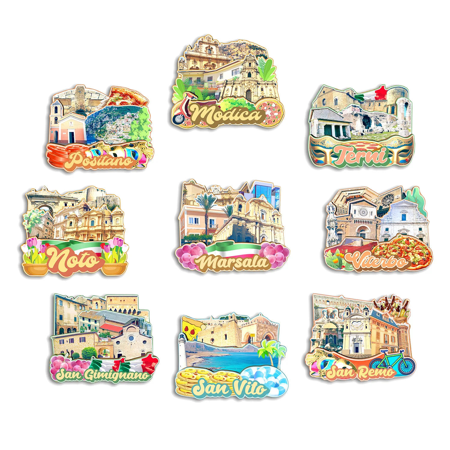 Marsala San Remo San Vito San Gimignano Viterbo Noto Terni Positano Modica Italia imán para nevera regalo de recuerdo de viaje