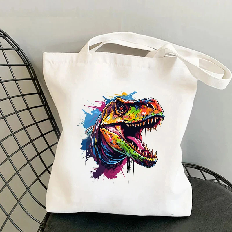 Animal Pintado Canvas Tote Bag, Dinossauro Tigre Impresso, Grande Capacidade Sacos De Ombro, Supermercado Saco De Compras, Organizador De Viagem, Novo