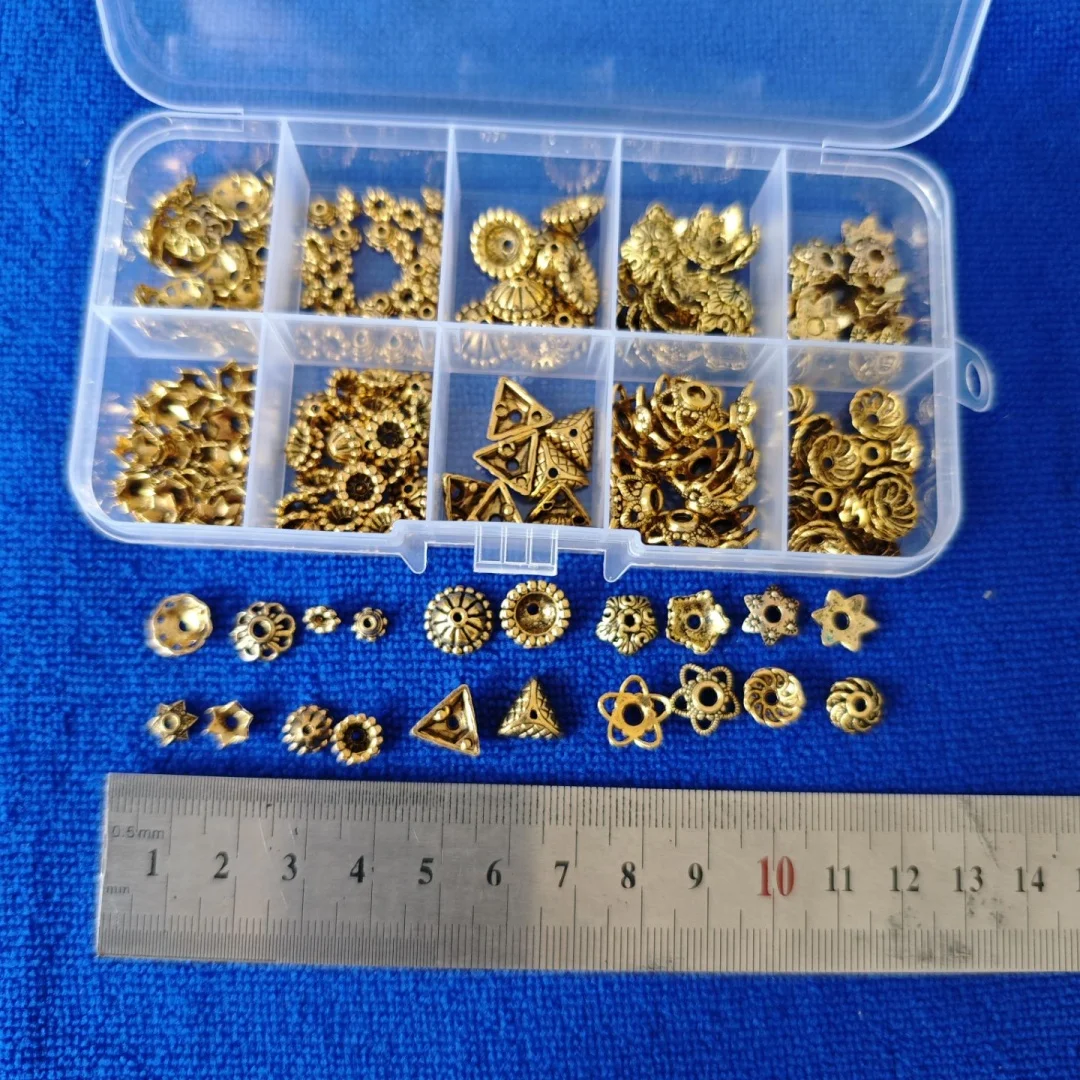 220PCS Antiqued Golden Metal Bead Caps for Jewelry Making in Storage Box