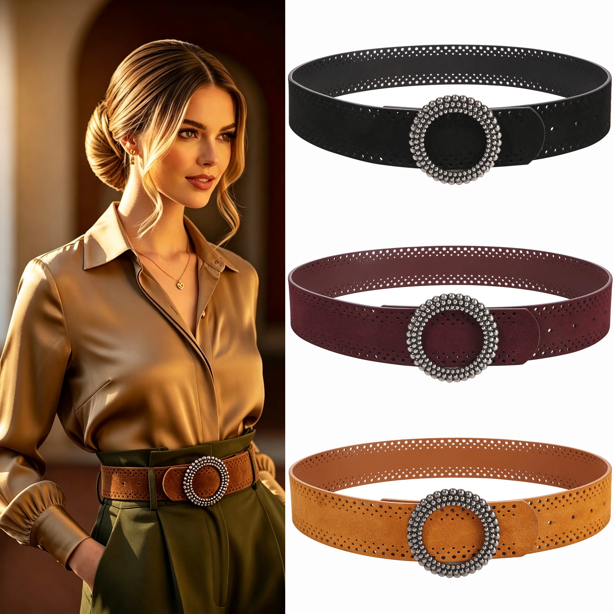 Women Wide Perforated Suede Belt Round Beaded Ornament Buckle Ladies Hollow‑out Waistband For Dresses High Waist Pants Suit