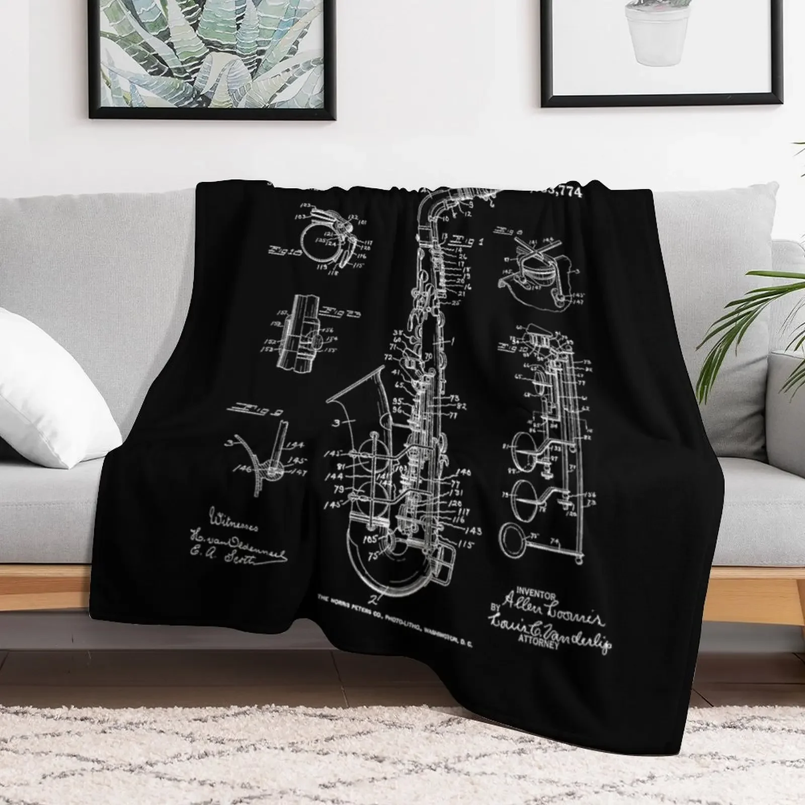 Saxophone Old Vintage Patent Drawing Print Throw Blanket Warm Flannel Blanket for Couch Chair Bedroom