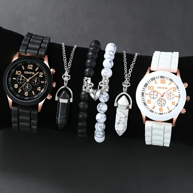 6pcs fashionable quartz watch set, suitable for couples, imitation leather and silicone strap, alloy case