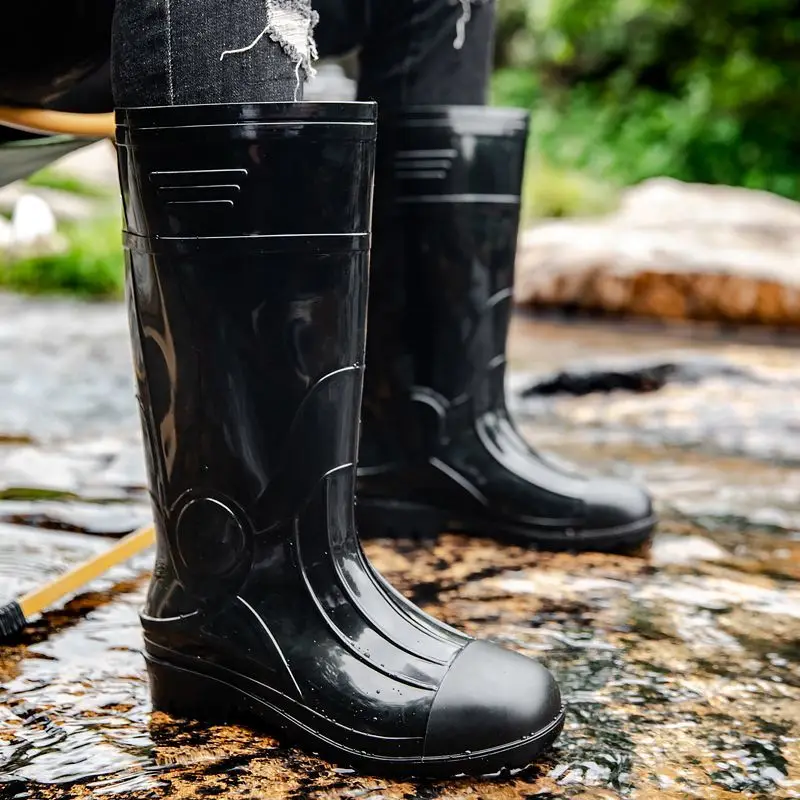 

Черные длинные резиновые сапоги для мужчин с круглым носком, новый дизайнер, дешевые оригинальные водонепроницаемые и нескользящие ботинки с широкими пальцами, мужская обувь из ПВХ с резинкой