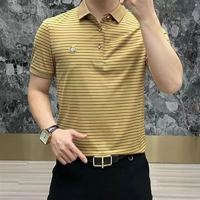 스트라이프 반팔 남성 폴로 셔츠, 남성 상의, 의류 버튼 자수 풀오버, 스트리트웨어 패션, 여름 신상, 2023