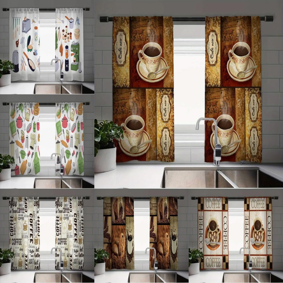 Elegant Curtain 2 Cafe Curtains Coffee Print Curtain Charming European Dinnerware Design for Kitchen Farmhouse Living Room