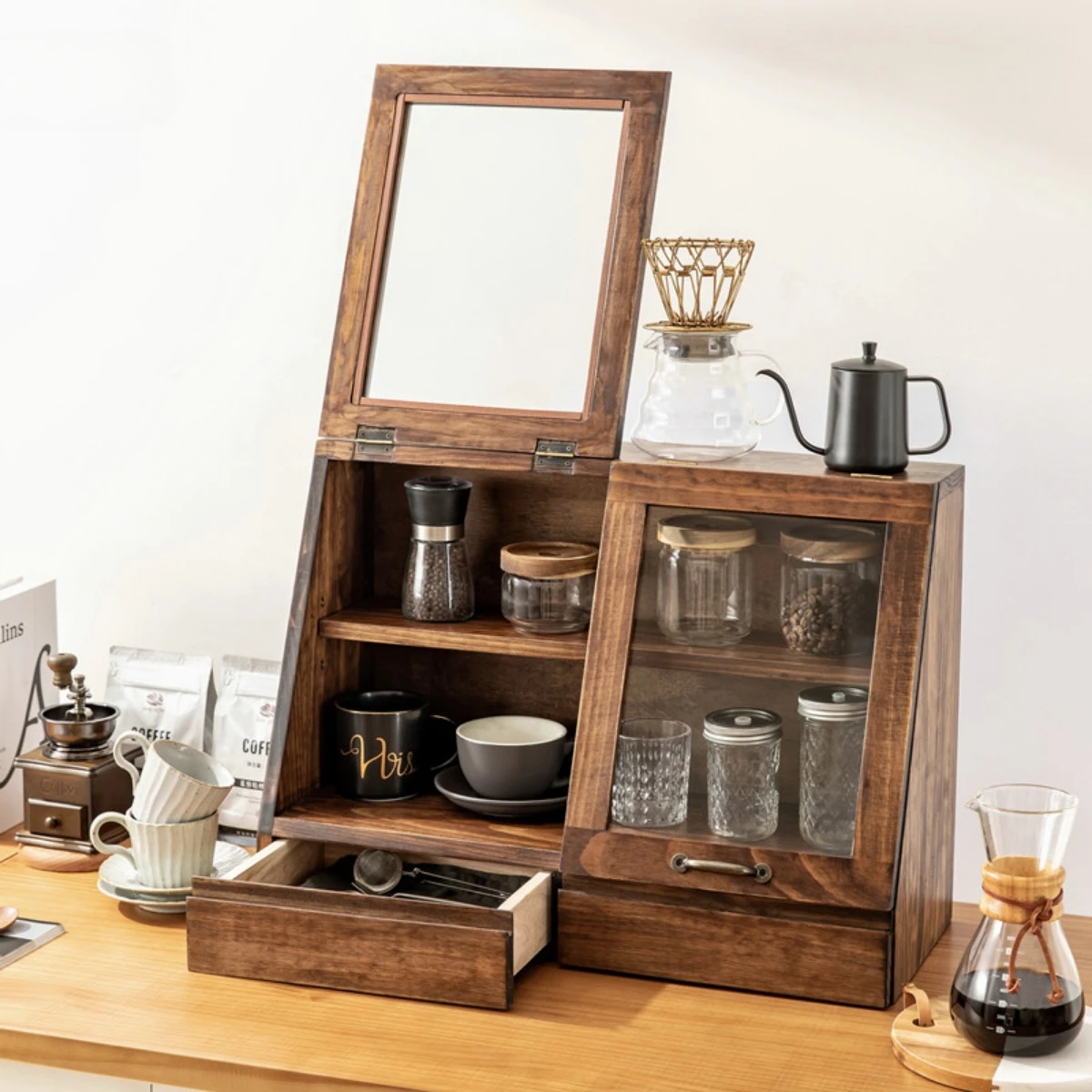 style fully packaged all-solid wood dining side cabinet, desktop small cupboard, kitchen tea , glass side , retro locker