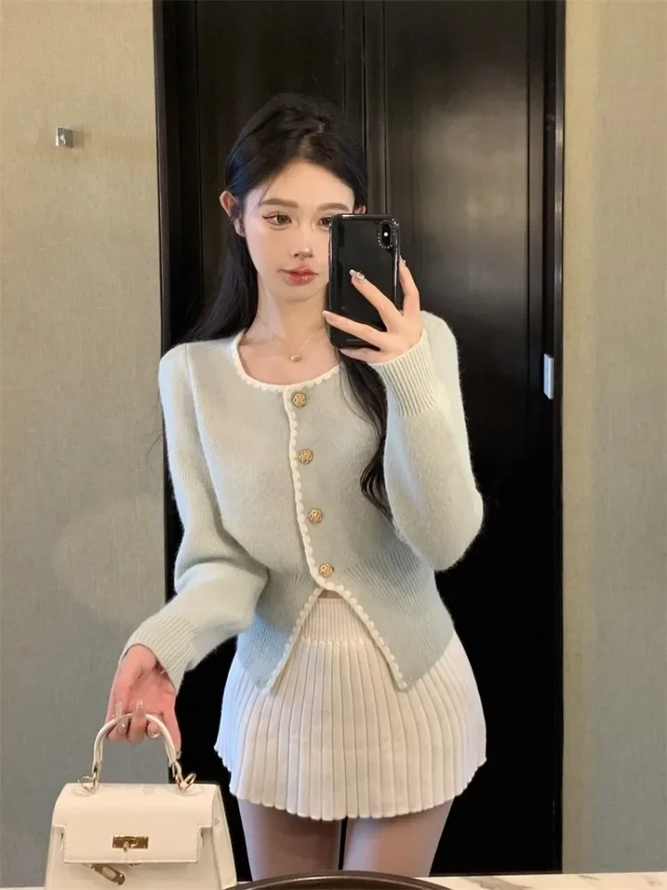 Ezgaga Elegant Sweater Women Square Collar Autumn Winter Sweet Knitted Cardigan Solid Split Outwear Female Fashion Top