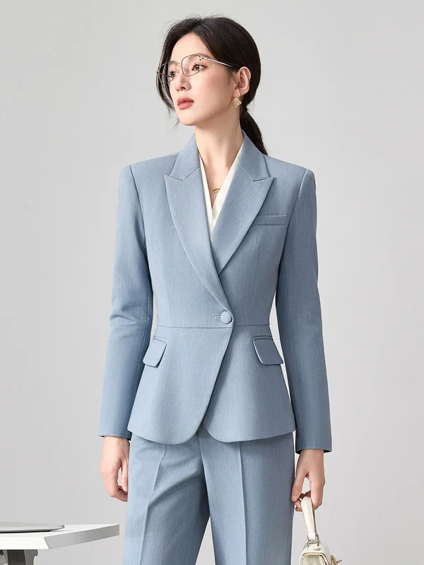 Gray Blue Suit Set Women's Commuter Professional Workwear Formal Interview Business Casual Polyester Fiber Long Sleeve