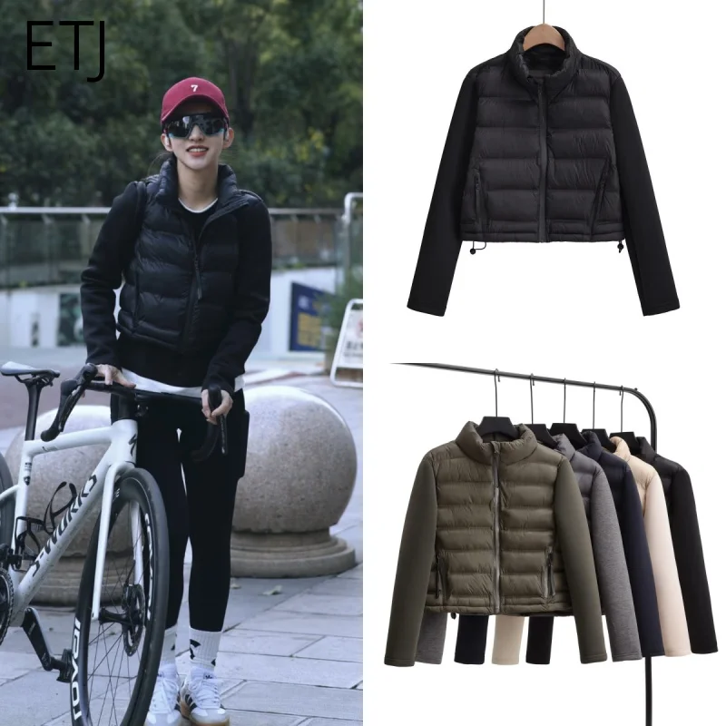 ETJ 2025 women's autumn and winter casual sports short jacket outdoor hiking light casual warm stitching sleeve quilted jacket