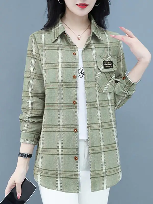 قميص قطني كاجوال للربيع والخريف بنقشة مربعات متعدد الاستخدامات للنساء بياقة بولو وأكمام طويلة خفيف الوزن وعصري للأمهات