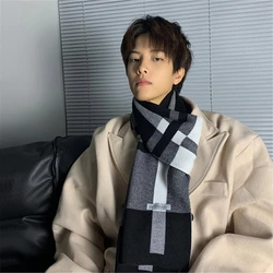 Men's Winter Casual High Feeling Knitted Scarf Fall Warmth Simple Lines Plaid Long Scarves Casual Windproof Clothing Accessories