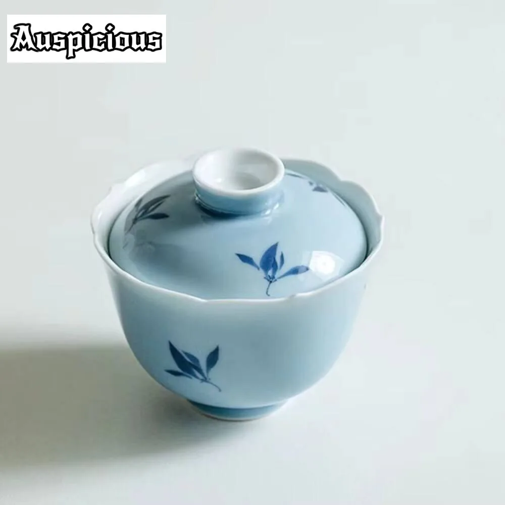 

140ml Pure Hand Painted Butterfly Orchid Ceramic Tea Tureen Sky Blue Glazed Cover Bowl Household Tea Maker Gaiwan Kung Fu Teaset