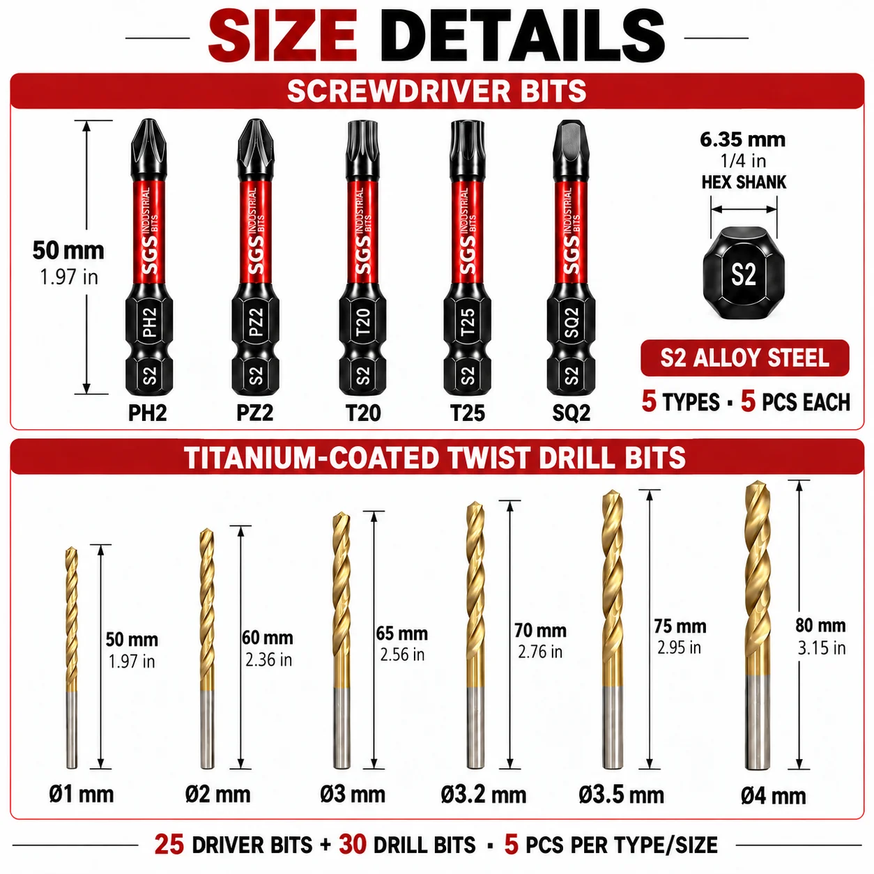 61-Piece Screwdriver Bit and Drill Bit Set, 25 Magnetic Screwdriver Bits (Ph2/Pz2/T20/T25/Sq2) Made of 50mm S2 Steel, 3 Step Drills/Taper Drills, 3 Serrated Drills, 30 Twist Drills, with Transparent Storage Box, Suitable for Thin Sheet Drilling, Hole Enlargement, Woodworking Drilling, Furniture Installation, DIY Projects, and Home Repairs