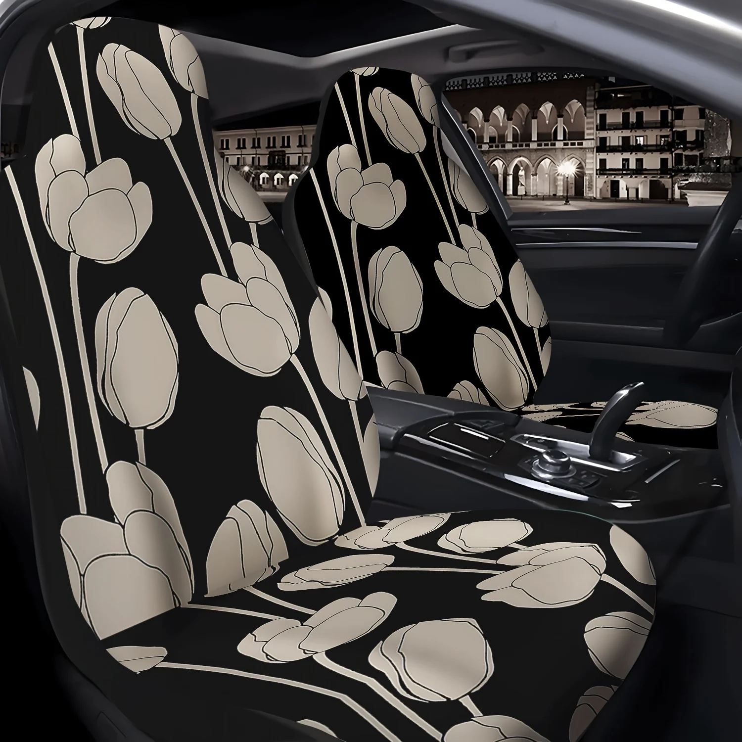 2pcs Beige Tulip Car Seat Covers, Durable, Suitable For Front Seats, Machine Washable, Suitable For Cars And SUVs, Ideal For Hal
