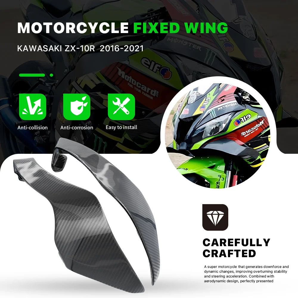 3K Carbon Fiber abs Motorcycle Fixed Wing Spoiler For Kawasaki ZX10R ZX 10R ZX-10R 2016-2021 aerodynamic Pneumatic Wing Fairing