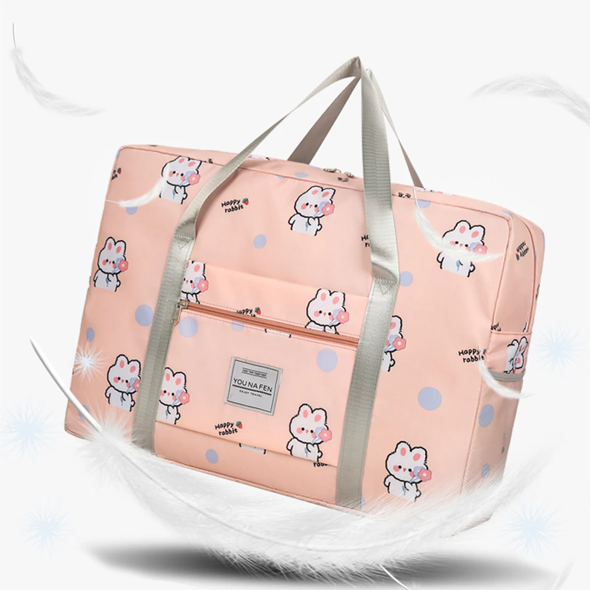 

Cute Rabbit Print Travel Duffel Bag, Pink Waterproof Oxford Cloth Carry-On Luggage Tote