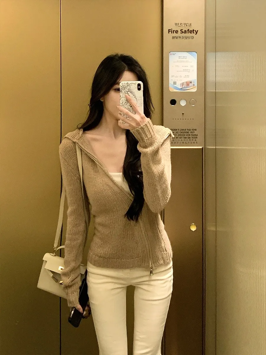 

Antistatic Woolen Knitted Open Cardigan Women's Loose Fit Long Sve Zipper Hooded Sweater Commute Sle Spring Faion