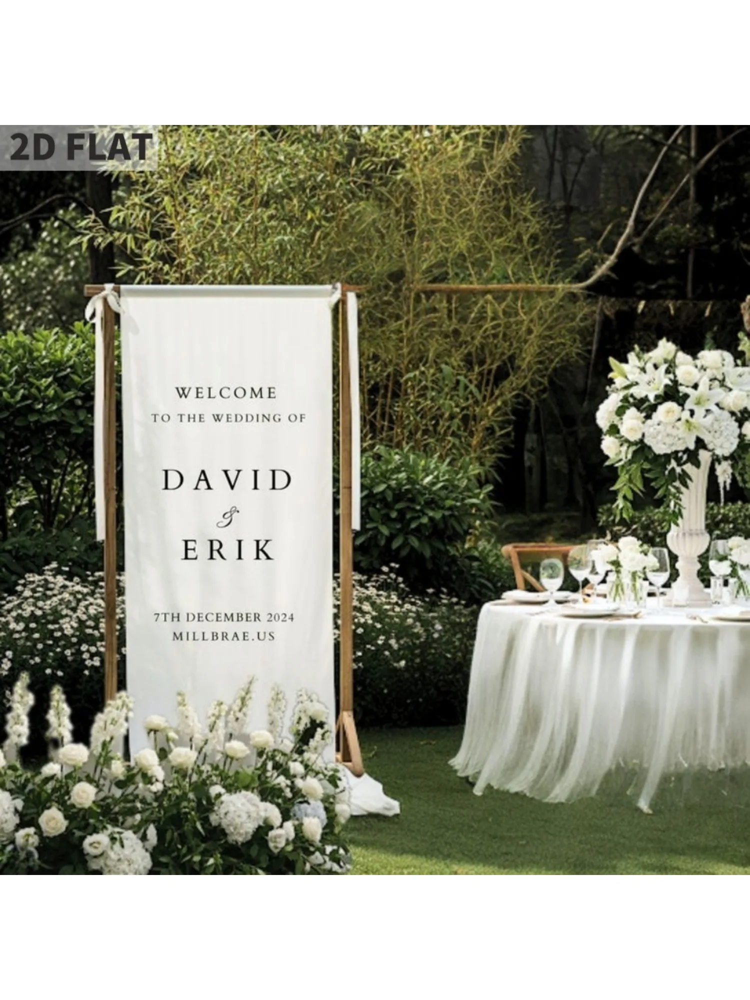 Bannière de mariage en tissu Polyester personnalisé plat 2D, panneau de bienvenue de mariage moderne, décor de mariage personnalisé avec nom et Date, 1 pièce