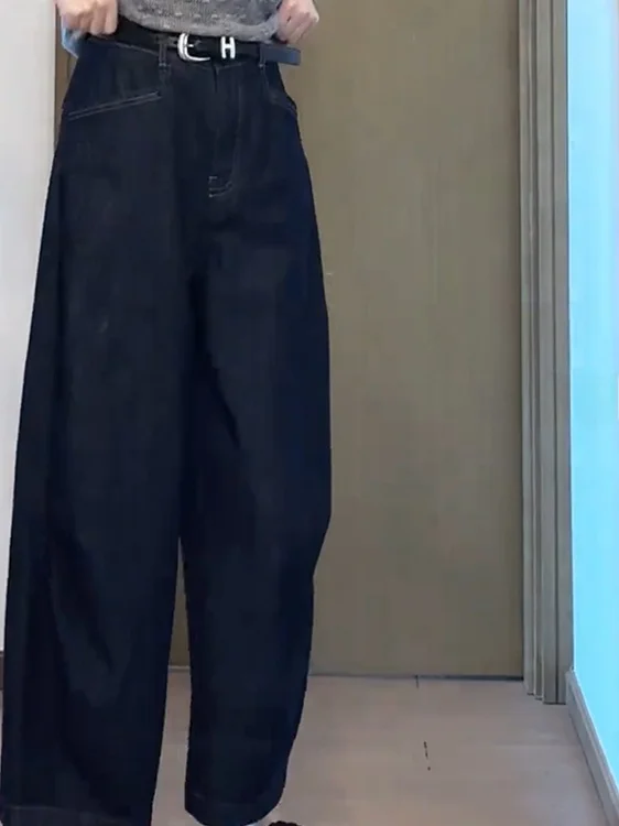 

Синие широкие джинсы женские, свободные, с высокой талией, прямого кроя, длиной до щиколотки, больших размеров, скрывающие недостатки, утягивающие, джинсовые брюки