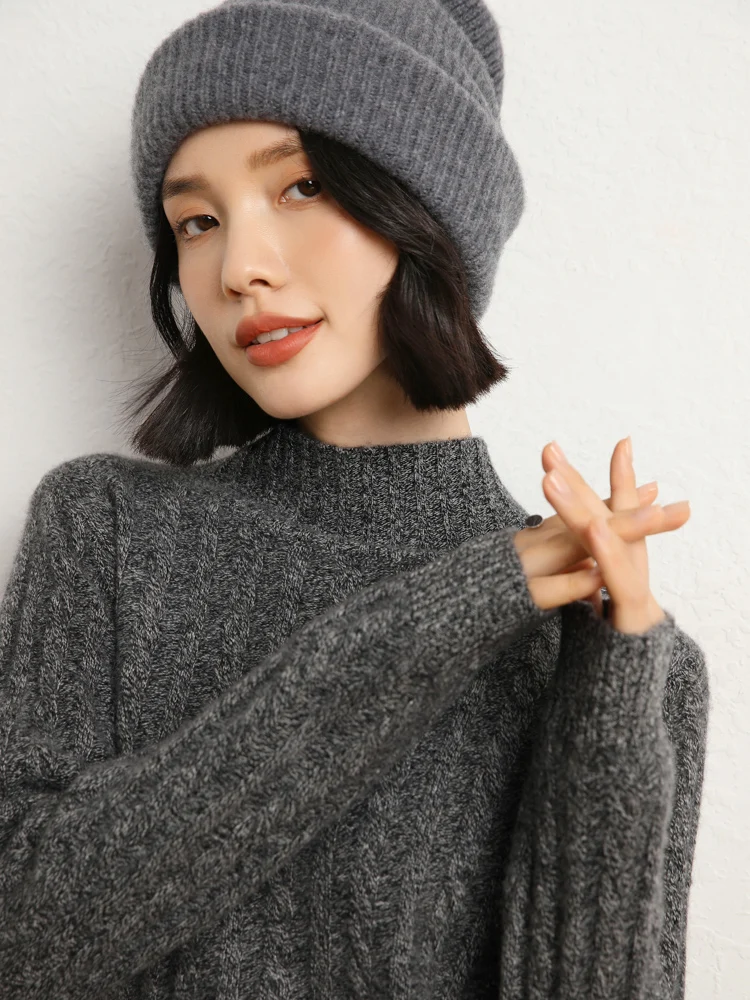 

New Chic Women's Mock Neck Pullover Sweater100%Cashmere Knitwear Soft Warm Autumn Winter Solid Color Retro Cable Stitch Clothing