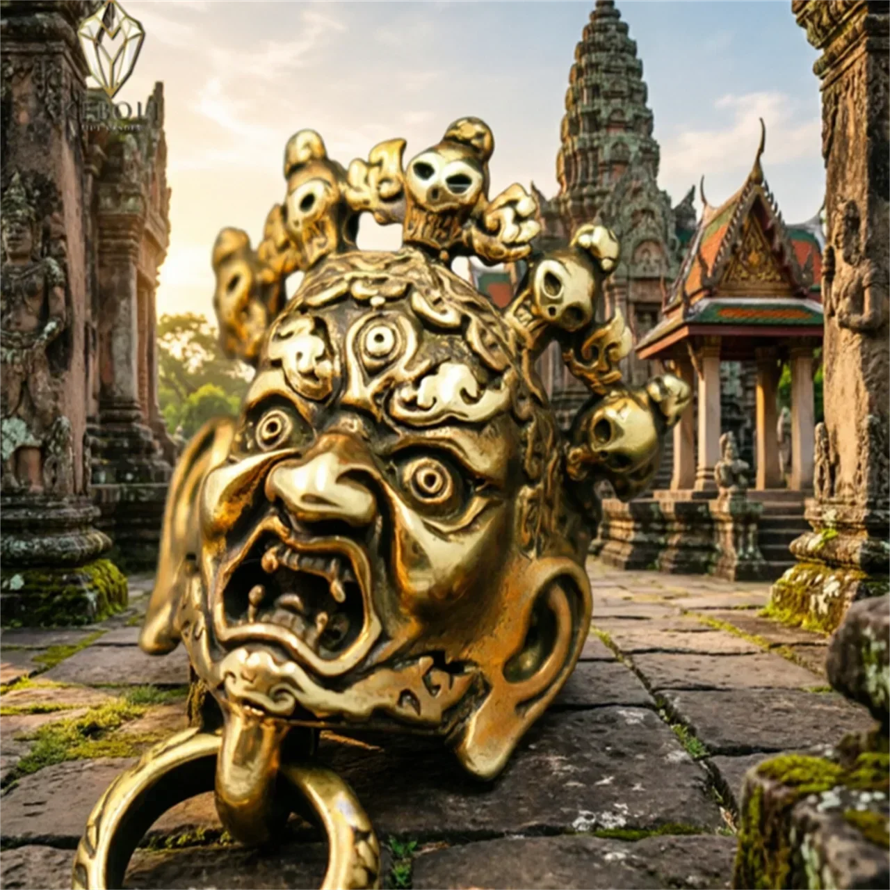 KEBOLI Vintage Solid Brass Mahakala Face Ring Pull Tibetan Style Skull Crown Guardian Knob Heavy Duty Leather Bag Hardware