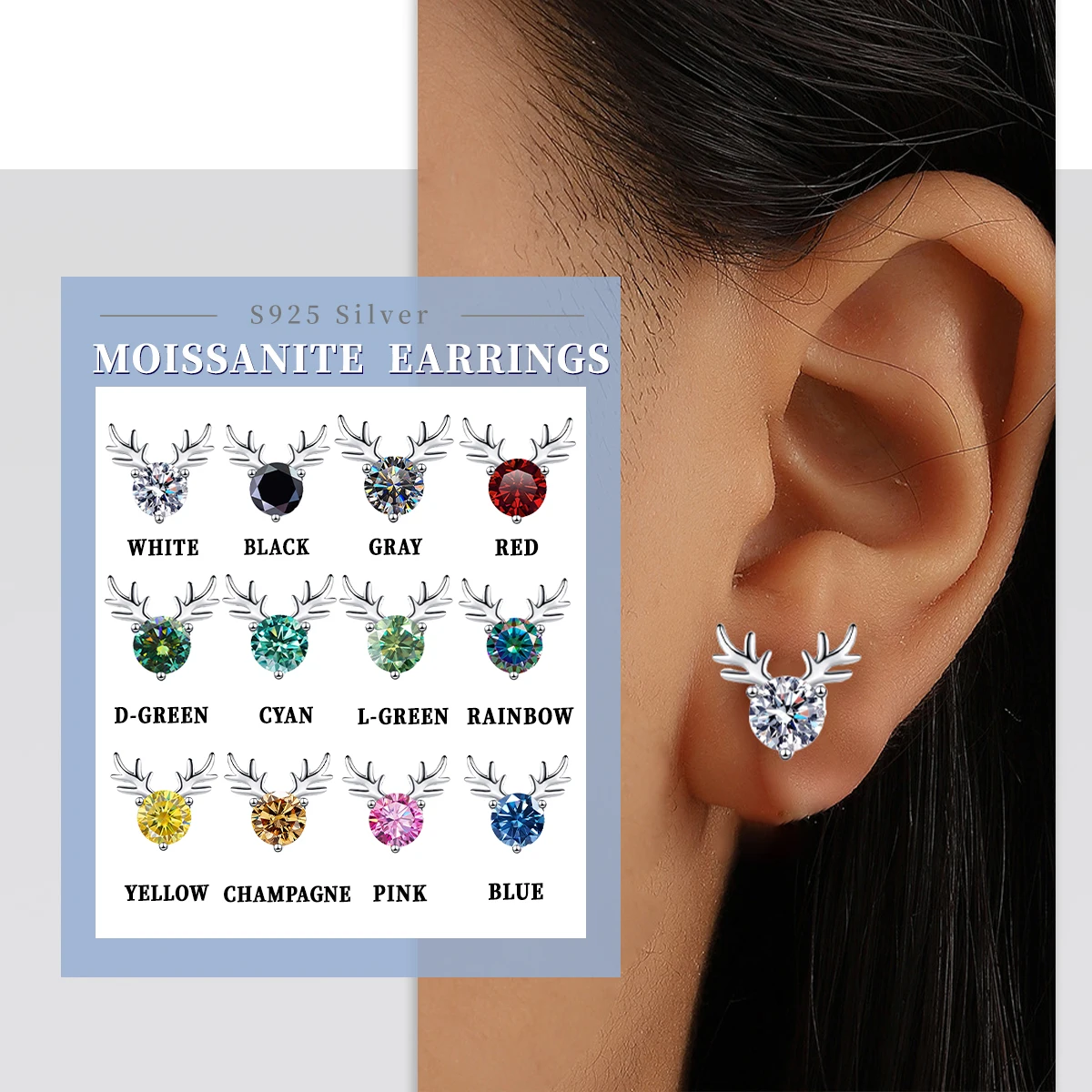 Une paire de boucles d'oreilles à clous roses incrustées de griffes de moissanite GRA, argent S925 plaqué résistant au cerf, œuvres d'art pour hommes et femmes, bijoux animaux