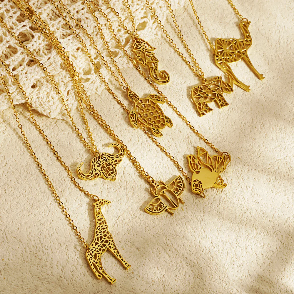 Stainless Steel Gold Plated Origami Animal Pendant Necklace Rhinoceros Seahorse Turtle Giraffe Camel Jewelry Gift
