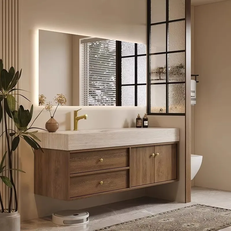 Modern Walnut Veneer Wooden Bathroom Vanities High Quality MDF Wall Mount Bathroom Vanity Cabinets Popular For Hotels
