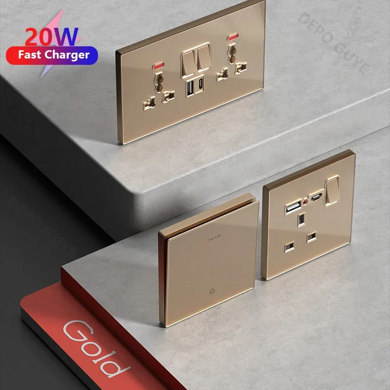 Deluxe Gold Tempered Glass Universal Dual power outlet,UK 13A Wall plug socket with 20W Fast charge,Home Electrical Light Switch image 4