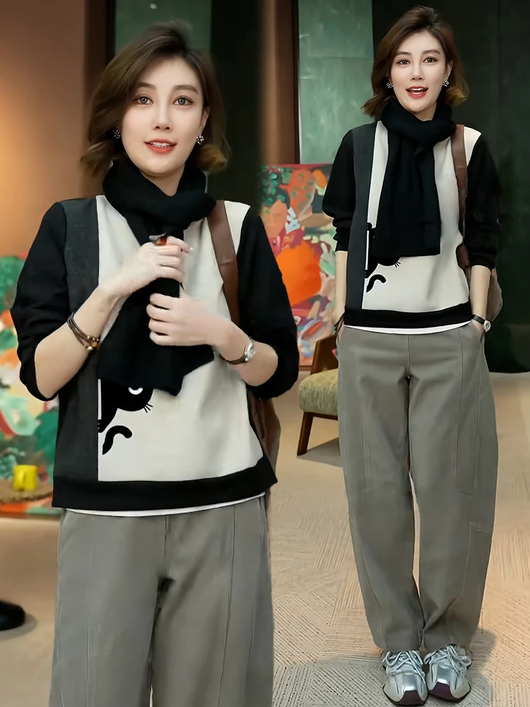 

Модный длинный свитер с принтом, женский, с круглым вырезом, универсальный, осенне-зимний, новый, стильный, удобный, свободного кроя, в корейском стиле...